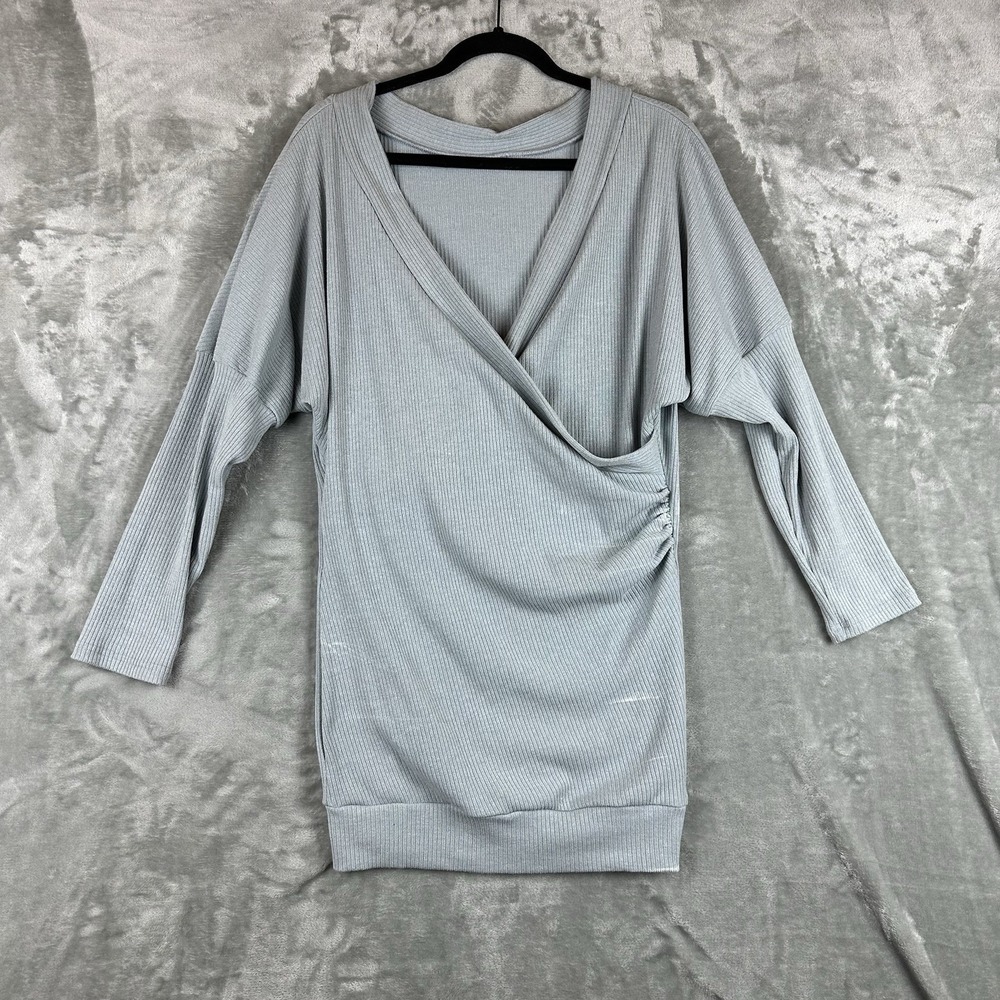 Sweater Dress Women's M Blue Gray Ribbed Knit Body Con Faux Wrap V-Neck Dolman